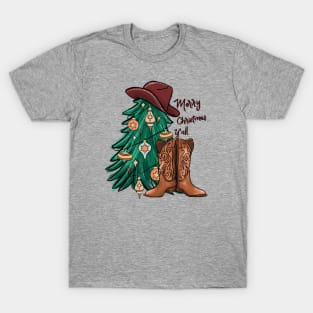 Western Christmas, Country Christmas, cowboy boots and hat, Christmas tree okay T-Shirt